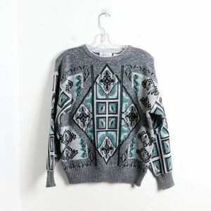 Vintage 80s 90s oversized knit geometric pattern sweater Small acrylic abstract